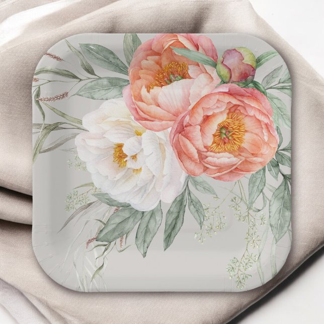 Plato De Papel Elegante Peach y Floral marfileña (Available in 2 sizes: 7-inch diameter and 9-inch diameter.)