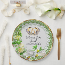 Plato De Papel Elegante Pearls Flowers Boda personalizable