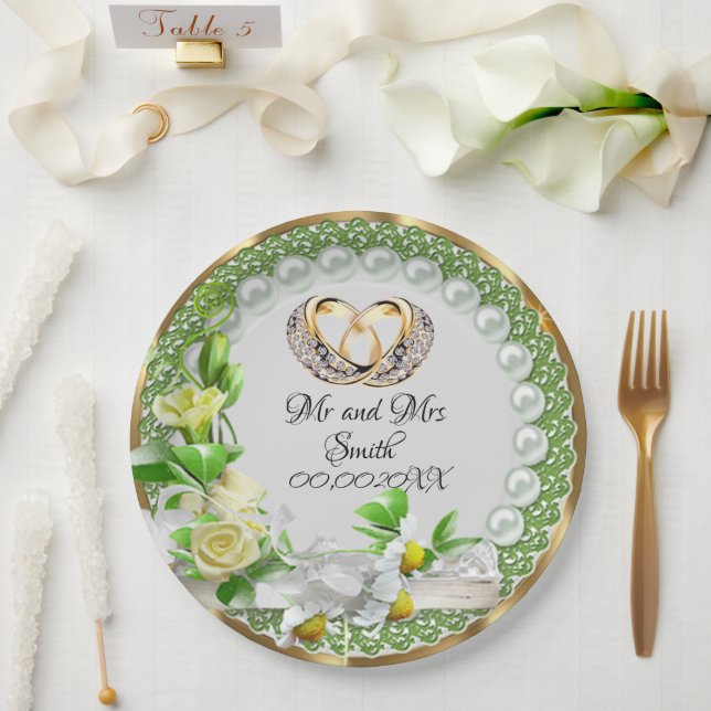 Plato De Papel Elegante Pearls Flowers Boda personalizable (Boda)