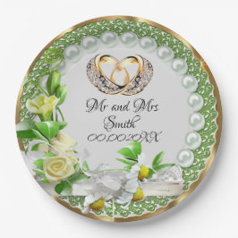 Plato De Papel Elegante Pearls Flowers Boda personalizable