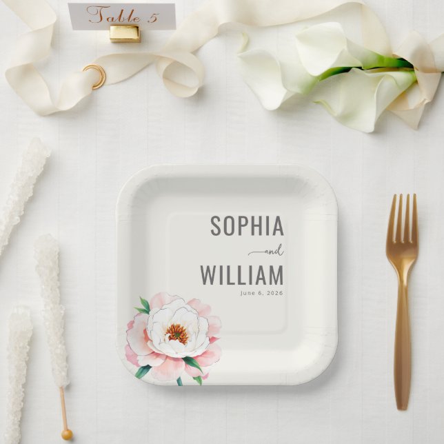 Plato De Papel Elegante Peonía Pastel (Boda)