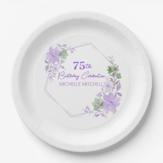 Plato De Papel Elegante Personalizado 75º cumpleaños Lavender Flo