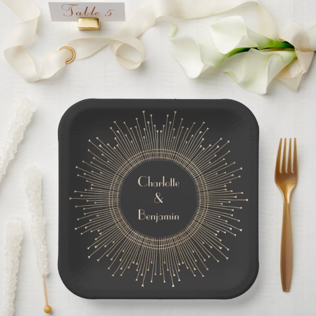 Plato De Papel Elegante Personalizado Boda negro y oro Art Deco (Boda)