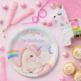 Plato De Papel Elegante personalizado Cute Rosa Unicornio de acua