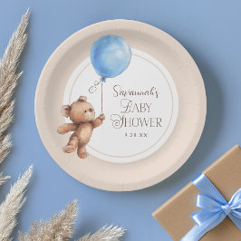 Plato De Papel Elegante Personalizado Neutral Bear Baby Shower