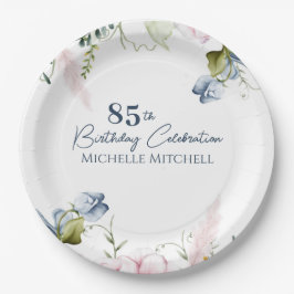 Plato De Papel Elegante Personalizado Rosa Azul 85º cumpleaños