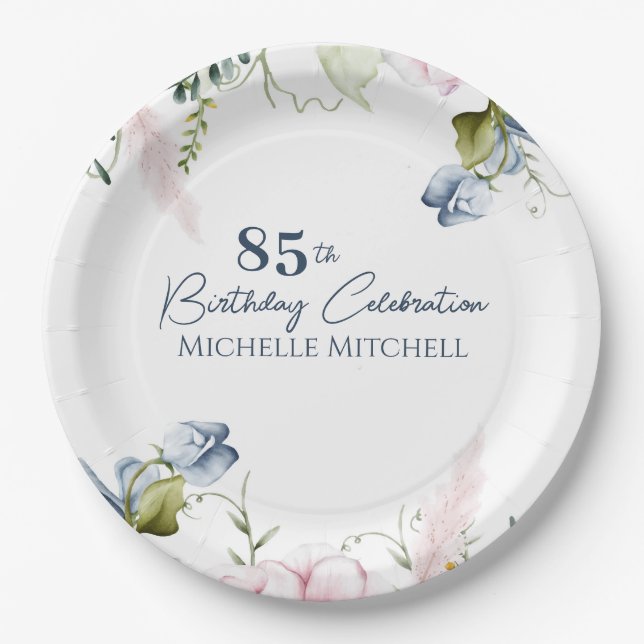 Plato De Papel Elegante Personalizado Rosa Azul 85º cumpleaños (Anverso)