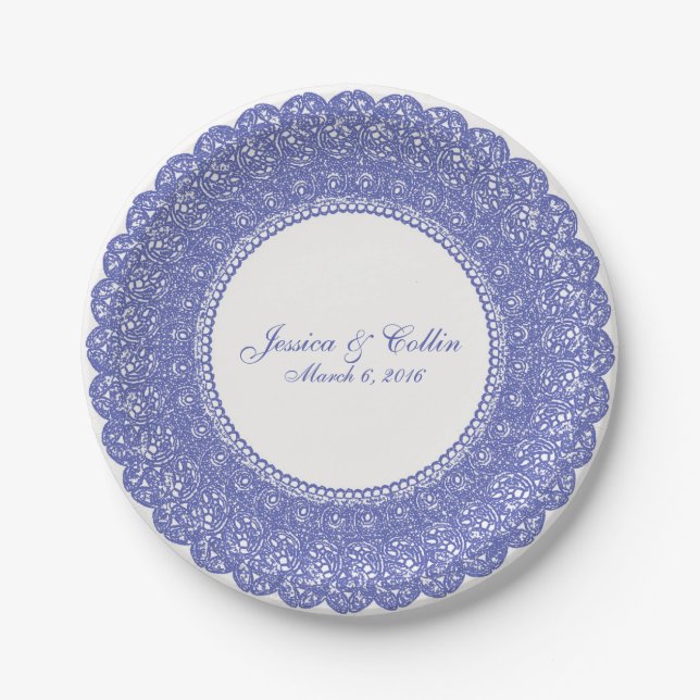 Plato De Papel Elegante perwinkle y placa de encaje blanco (Anverso)