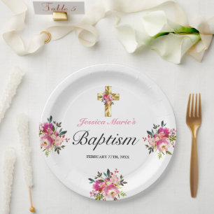 Plato De Papel Elegante PInk Floral Gold Cross Baptism