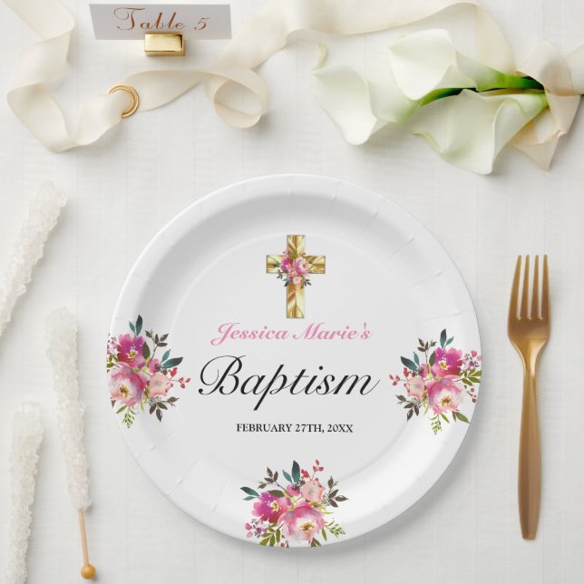 Plato De Papel Elegante PInk Floral Gold Cross Baptism (Boda)