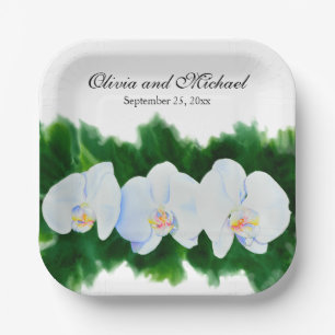 Plato De Papel Elegante pintura de orquídeas de color blanco trop