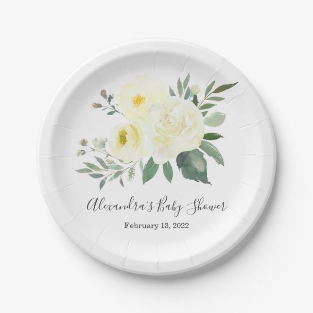 Plato De Papel Elegante placa Baby Shower floral amarilla (Anverso)