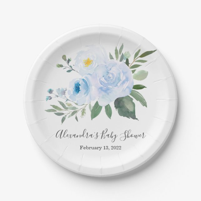 Plato De Papel Elegante placa Baby Shower floral azul (Anverso)