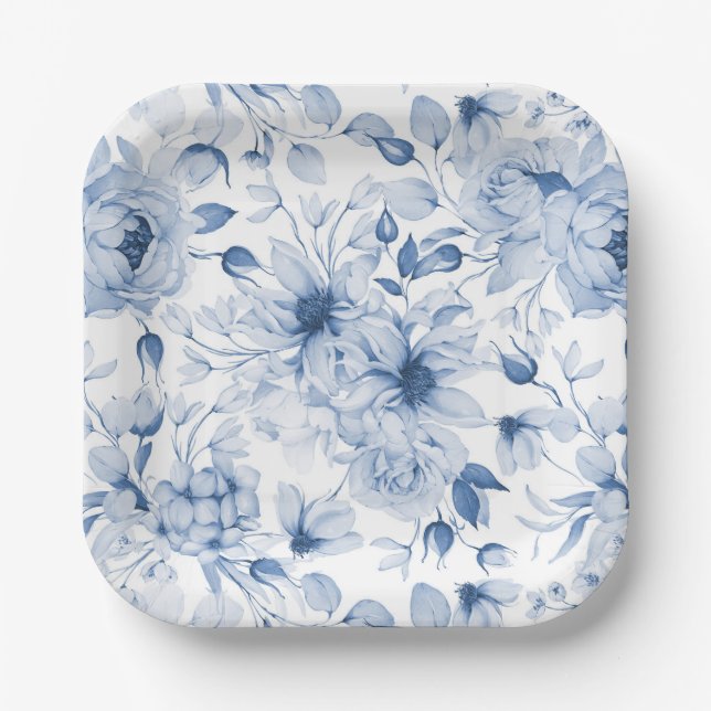 Plato De Papel Elegante placa de papel Boda floral azul (Anverso)