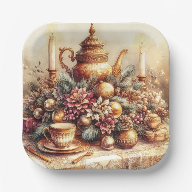 Plato De Papel Elegante placa de papel para Navidades de tetera d (Anverso)