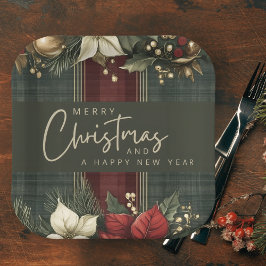 Plato De Papel Elegante Plaid & Poinsettia Feliz Navidad