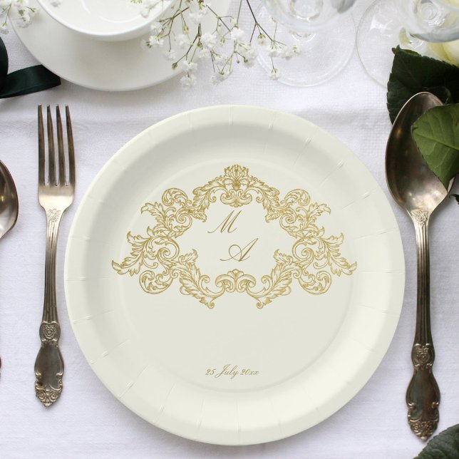 Plato De Papel Elegante plantilla de bodas de marfil y oro (Elegant ivory and gold vintage monogram wedding template paper plates personalized tableware decor)
