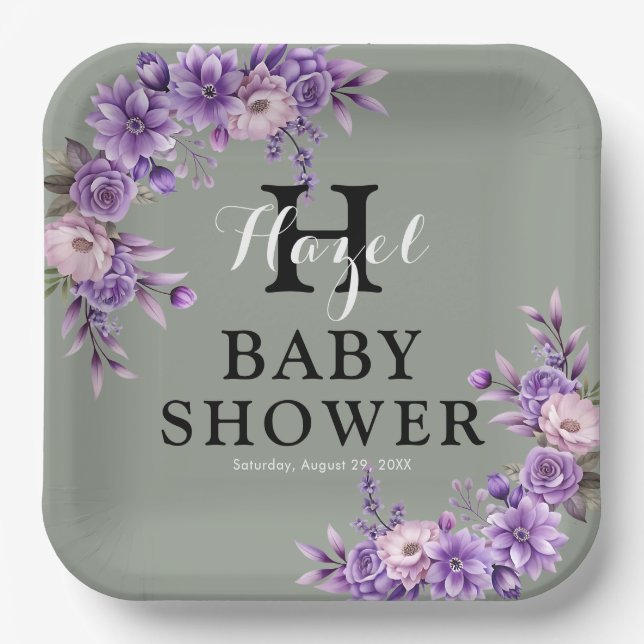 Plato De Papel Elegante plaza de Fiesta Baby Shower floral rosa (Anverso)