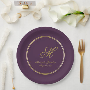 Plato De Papel Elegante Plum Purple Gold Monograma Boda de guione