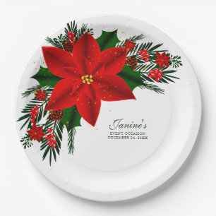 Plato De Papel Elegante Poinsettia Floral Rojo Pine Greeneraves