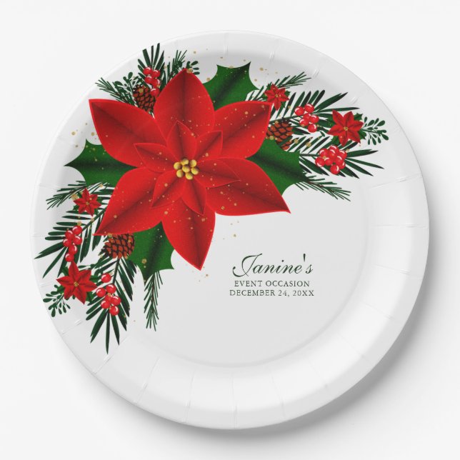Plato De Papel Elegante Poinsettia Floral Rojo Pine Greeneraves (Anverso)