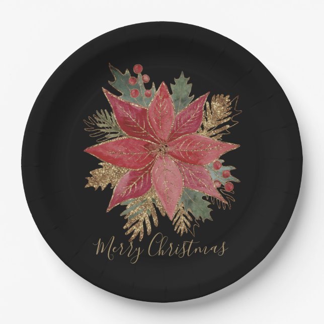Plato De Papel Elegante Poinsettia Roja Feliz Fiesta de Navidad (Anverso)