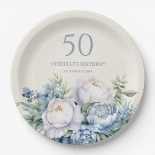 Plato De Papel Elegante Polvo Azul Blanco Floral 50 Cumpleaños No