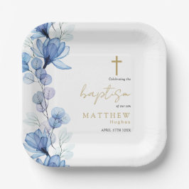 Plato De Papel Elegante Polvo Azul Transparente Floral Bautizo