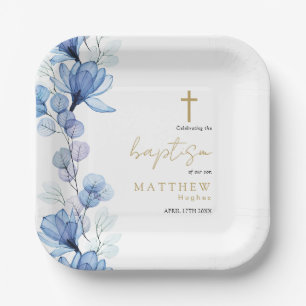 Plato De Papel Elegante Polvo Azul Transparente Floral Bautizo