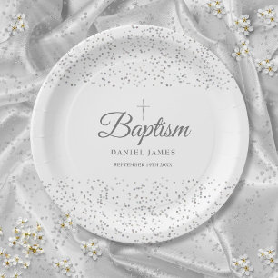 Plato De Papel Elegante Polvo de Estrellas de Plata Bautizo