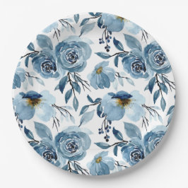 Plato De Papel Elegante Polvoriento Floral Azul y Blanco Redondo