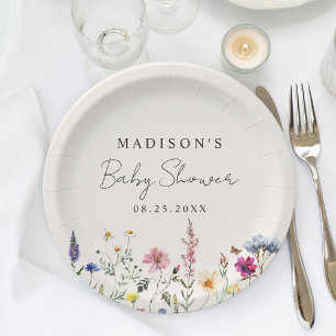 Plato De Papel Elegante pradera de flores silvestres crema para b