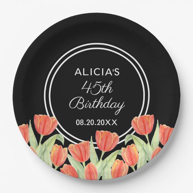 Plato De Papel Elegante Primavera Red Tulip Flora Negro 45 cumple (Anverso)