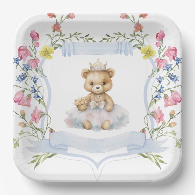 Plato De Papel Elegante Princesa Bear Real Baby Shower (Anverso)