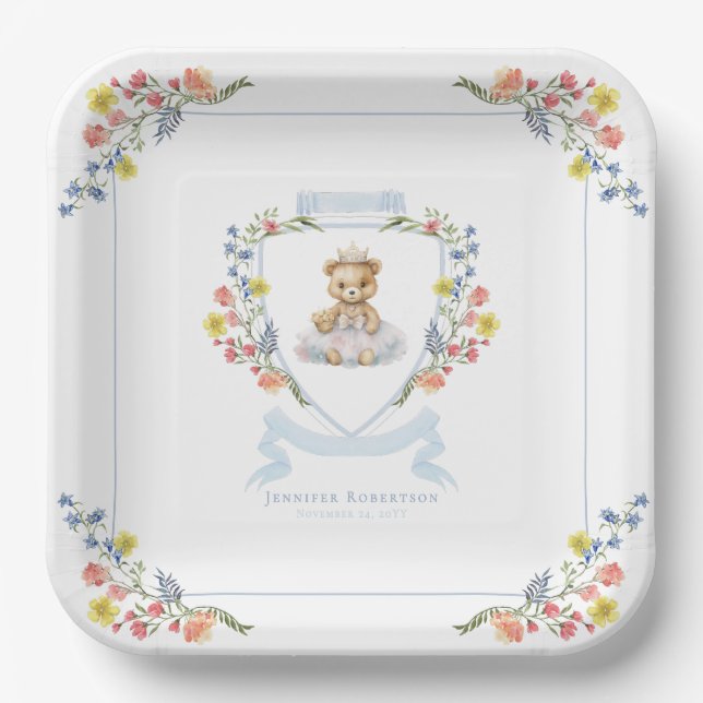 Plato De Papel Elegante Princesa Bear Real Baby Shower (Anverso)