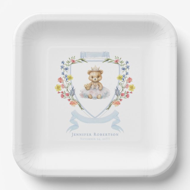 Plato De Papel Elegante Princesa Bear Real Baby Shower (Anverso)