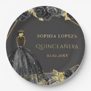 Plato De Papel Elegante Princesa Floral de Oro Negro Quinceanera