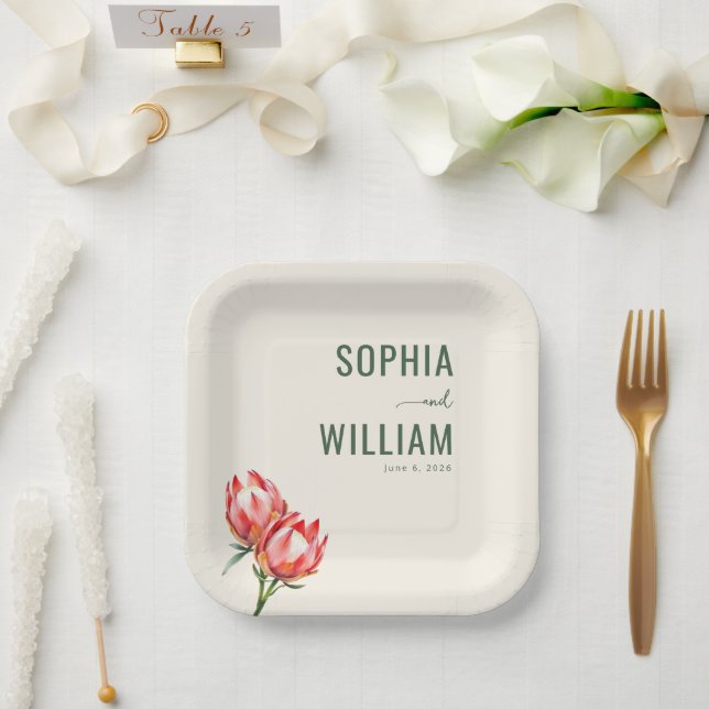 Plato De Papel Elegante Protea Floral Beige (Boda)