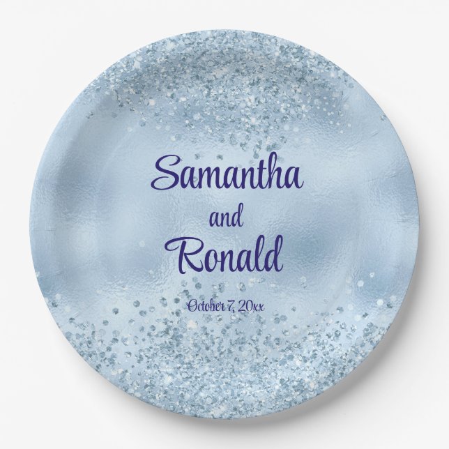 Plato De Papel Elegante Purpurina azul bebé y Boda de Relieve met (Anverso)