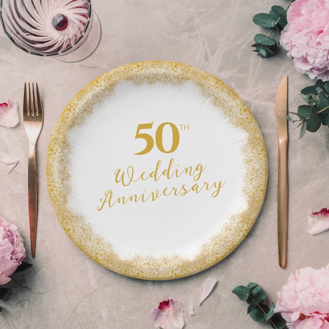 Plato De Papel Elegante Purpurina de Faux Gold 50 aniversario Bod (Elegant Faux Gold Glitter 50th Wedding Anniversary Paper Plates)