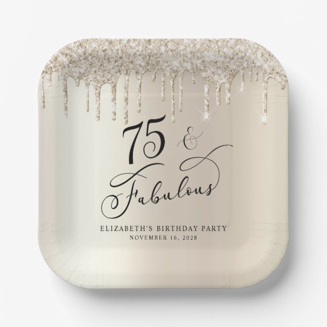 Plato De Papel Elegante Purpurina de Oro 75ª fiesta de cumpleaños (Anverso)