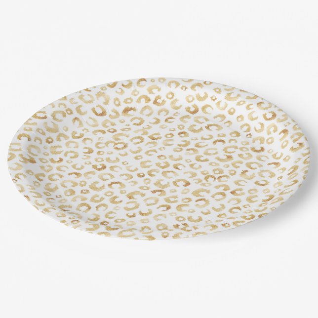 Plato De Papel Elegante Purpurina de oro blanco Leopardo impresió (Angular)