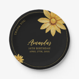 Plato De Papel Elegante Purpurina de oro dulce de flores 16 cumpl