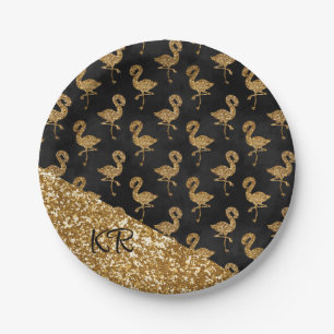 Plato De Papel Elegante Purpurina de oro Flamingo Pattern Initial