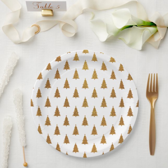 Plato De Papel Elegante purpurina dorado patrón de árboles de Nav (Boda)