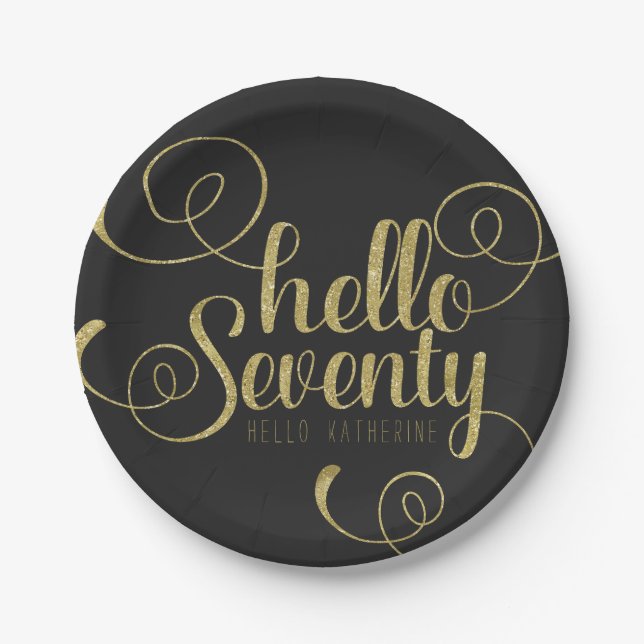 Plato De Papel Elegante Purpurina Faux Gold Hola Setenta Placas (Anverso)