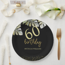 Plato De Papel Elegante Purpurina Gold Palm Calligraphy Cumpleaño