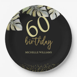 Plato De Papel Elegante Purpurina Gold Palm Calligraphy Cumpleaño