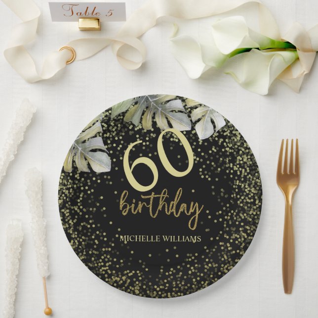 Plato De Papel Elegante Purpurina Gold Palm Calligraphy Cumpleaño (Boda)