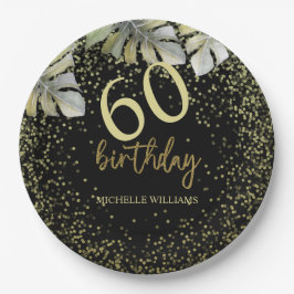 Plato De Papel Elegante Purpurina Gold Palm Calligraphy Cumpleaño